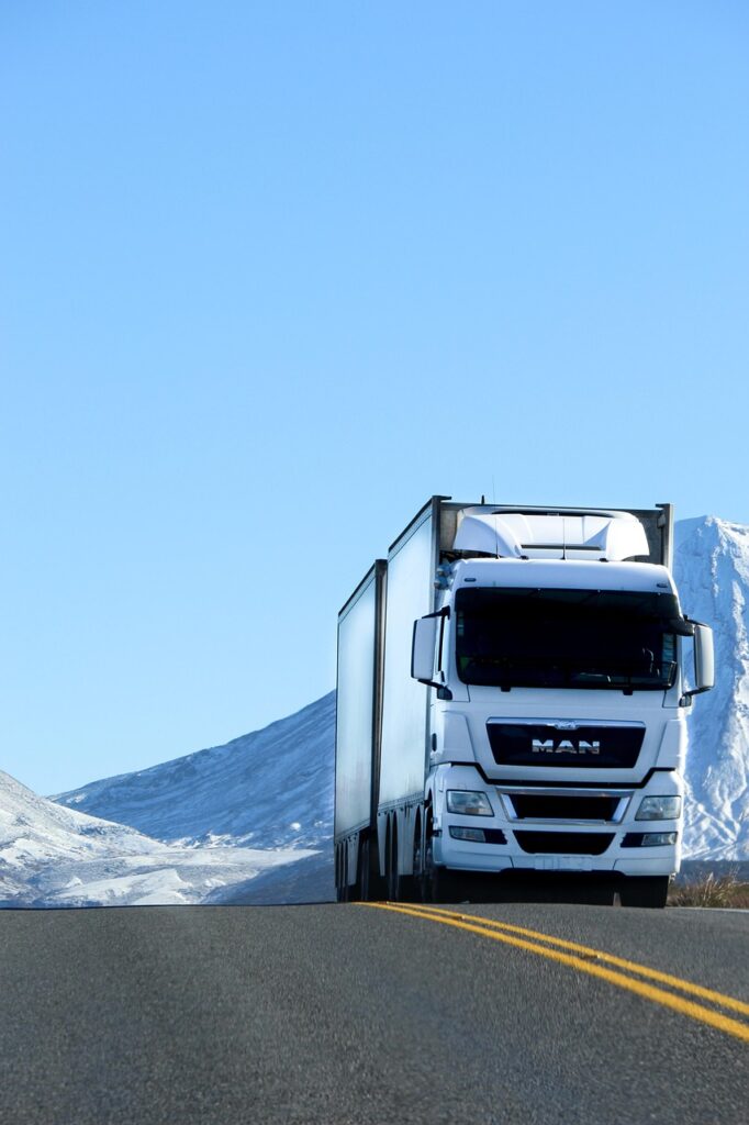 truck, road, vehicle, nature, snow, white, blue, lorry, transport, blue road, blue truck, blue snow